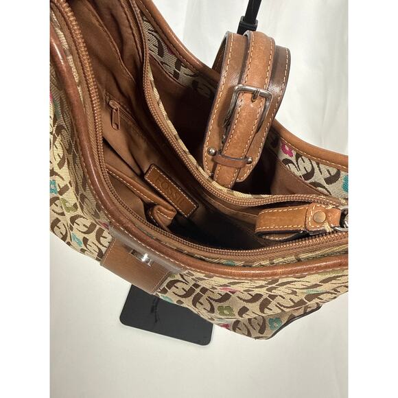 Vintage Fossil Handbag Y2K Leather & Canvas With Floral Design Small Tan - Picture 9 of 10